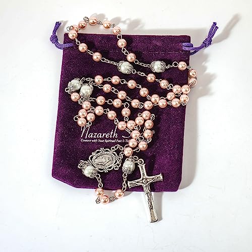 Nazareth Store Pearl Beads Rosary Necklace White Our Father Beaded Rosary Lourdes Medal & Cross Crucifix Spiritual Handmade Rosaries for Men and Women - Image 3