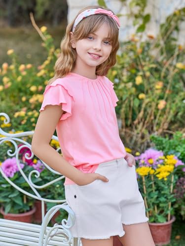 Image of Haloumoning Girls Pleated Ruffle Short Sleeve Shirts Kids Summer Crewneck T-Shirts Fashion Tops Tees 5-14 Years