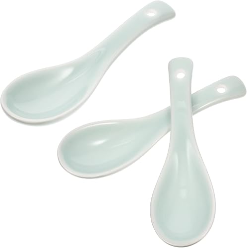 GANAZONO Cucharas de sopa de cerámica 3 cucharas de mango corto cuchara asiática japonesa ramen won tonelada cucharas de arroz para ramen pho wonton