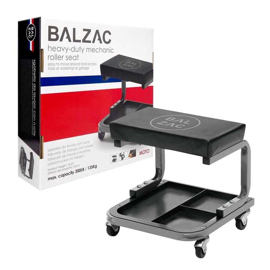 BALZAC Sgabello per Officina Seduta da Meccanico | Vassoio Portautensili Integrato | Sgabello da Officina con Ruote | Altezza Regolabile | Carico 135kg