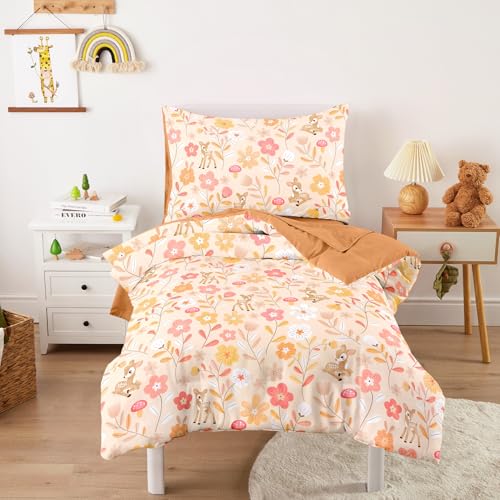 Image of Wake In Cloud - Floral Toddler Bedding Set for Girls, Cute Colorful Botanical Flowers with Deers, 4 Pieces Soft Crib Bed Set Including Comforter, Sheets and Pillowcase, Orange Brown