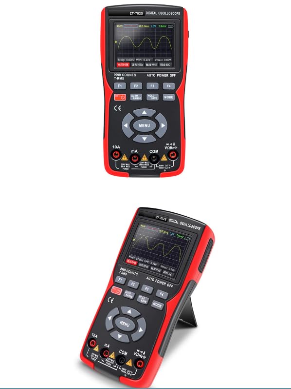 Rear view of VIHELM ZT-702S Digital Oscilloscope Multimeter showing kickstand and caution label