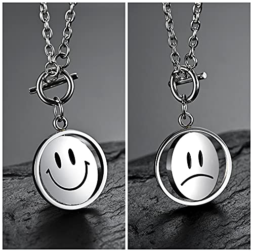 Rotatable Smile Cry Sunflower Change Mood Choker Necklace for Men Women Anti Anxiety Fidget Peace Spinner Pendant Inspirational Statement Titanium Stainless Steel Couple Chain Boyfriend Girlfriend Valentine Birthday Gifts2