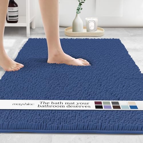 Image of MAYSHINE Chenille Plush Runner Rug, Dark Blue, 71x31 in, Machine Washable, Non-Slip Door Mat, Bath Mat with Water Absorbent Quick Drying Microfiber Shag Carpet