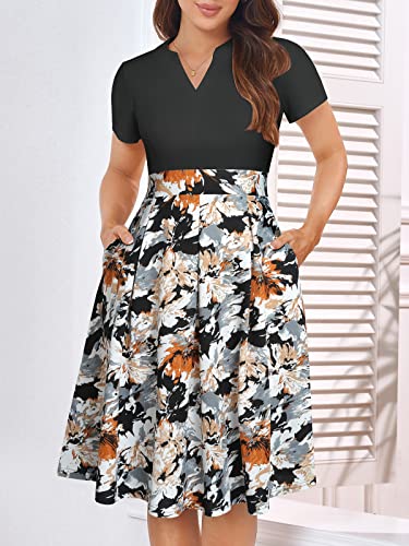 Image of YATHON Womens Elegant Print Notched Neck Slant Pocket Pleated Hem Casual A-Line Dress
