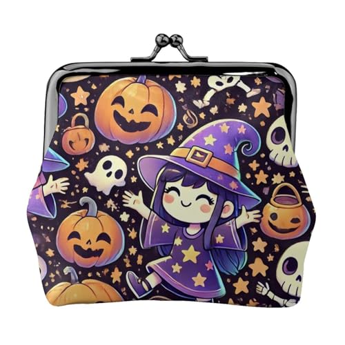 Pu Leather Buckle Coin Purse Cute-Halloween-Witches-Pumpkins Girls Kiss-Lock Change Purse Wallets