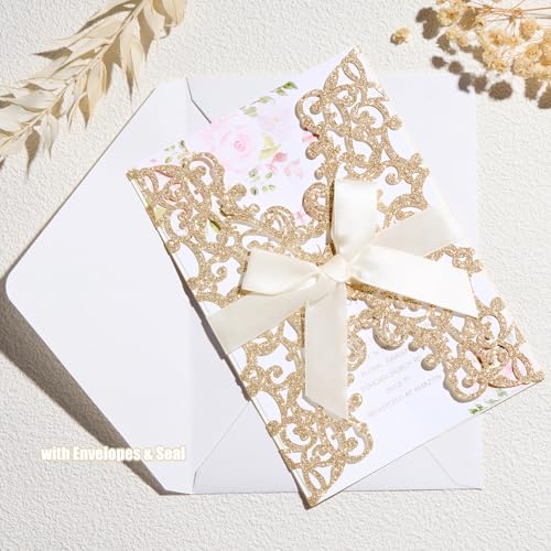 image for AdasBridal 50Pcs Glitter Floral Laser Cut Wedding Invitation Cards wit
