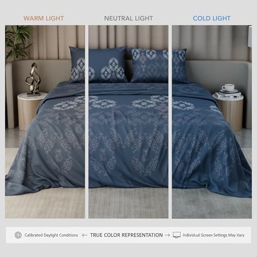 Image of BLISSHOME Everlast 150TC King Size Printed Bedsheet with 2 Pillow Covers for Double Bed, Aesthetic Bedding, Wrinkle Resistant, 100+ Wash Durable, Quick Dry, Ornate Design - Blue (228cm x 274cm)