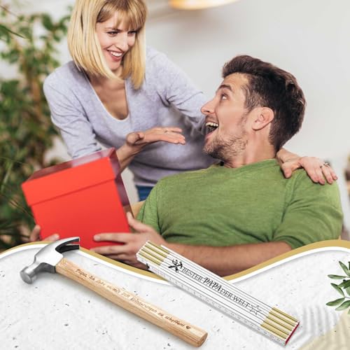 SATINIOR Bester Papa Geschenkset Zollstock Holz Gliedermaßstab Holzhammer mit Gravur Klauenhammer aus Holz Geschenk mit Geschenkbox für Papa Opa Väter Weihnachten Geburtstag