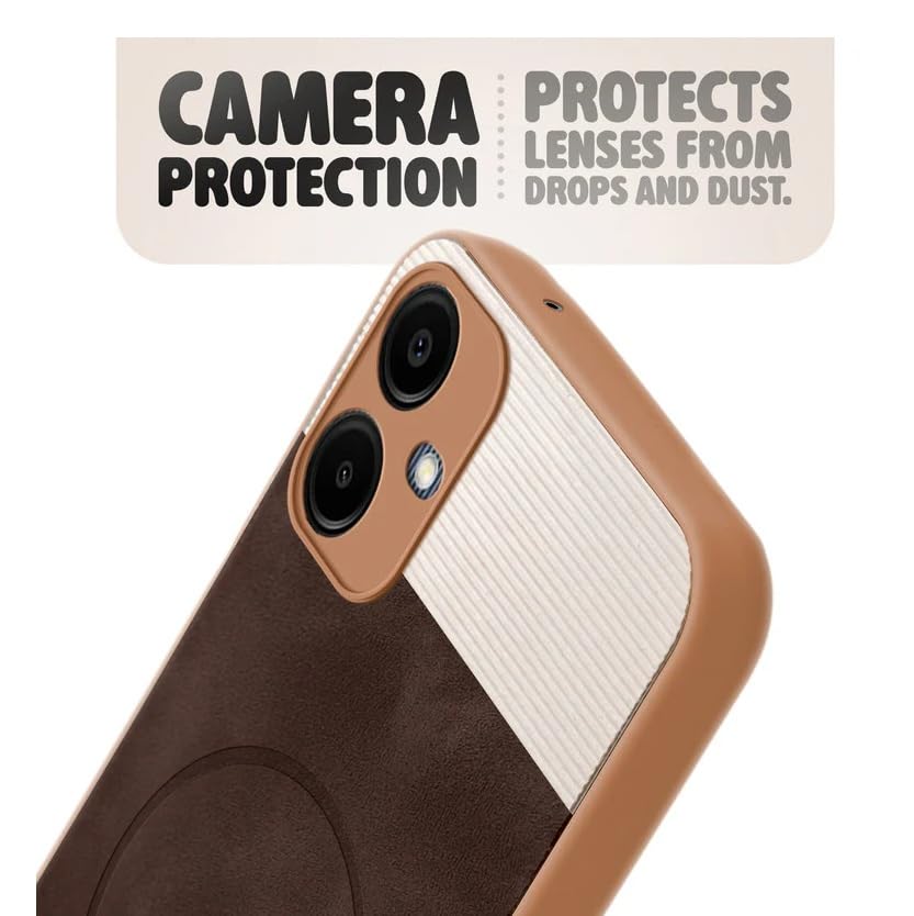 Image of Bintage CASE Mac Safe Design Hard Light Weight Back Case | Soft Border Camera Protect | Dual PU Leather Finish Back Cover Compatible for Samsung Galaxy A06 5G - White & Cherry Brown