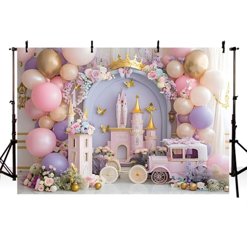 AIBIIN Telón de fondo para fotografía de cumpleaños de niña de 7 x 5 pies, arco, globo, castillo, coche, floral, princesa, niña, decoración de pastel de cumpleaños, suministros fotográficos