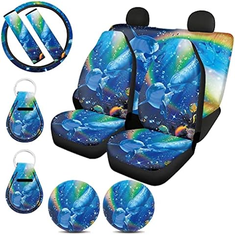 Upetstory Rainbow Dolphin Car Accessories for Women Interior Cute Set Cars Seat Cover with Steering Wheel Cover,Seat Belt Pad,Automotive Interior Decor Coaster,Keychain Cover