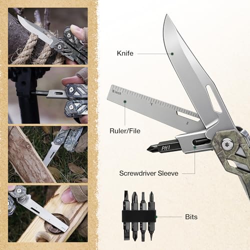 Image of MOSSY OAK Multitool, 22-in-1 Stainless Steel Pliers with Screwdriver Sleeve, Camo Steel Handle, Self-locking Knife with Sheath-Perfect for Outdoor, Survival, Camping, Hiking, Simple Repair