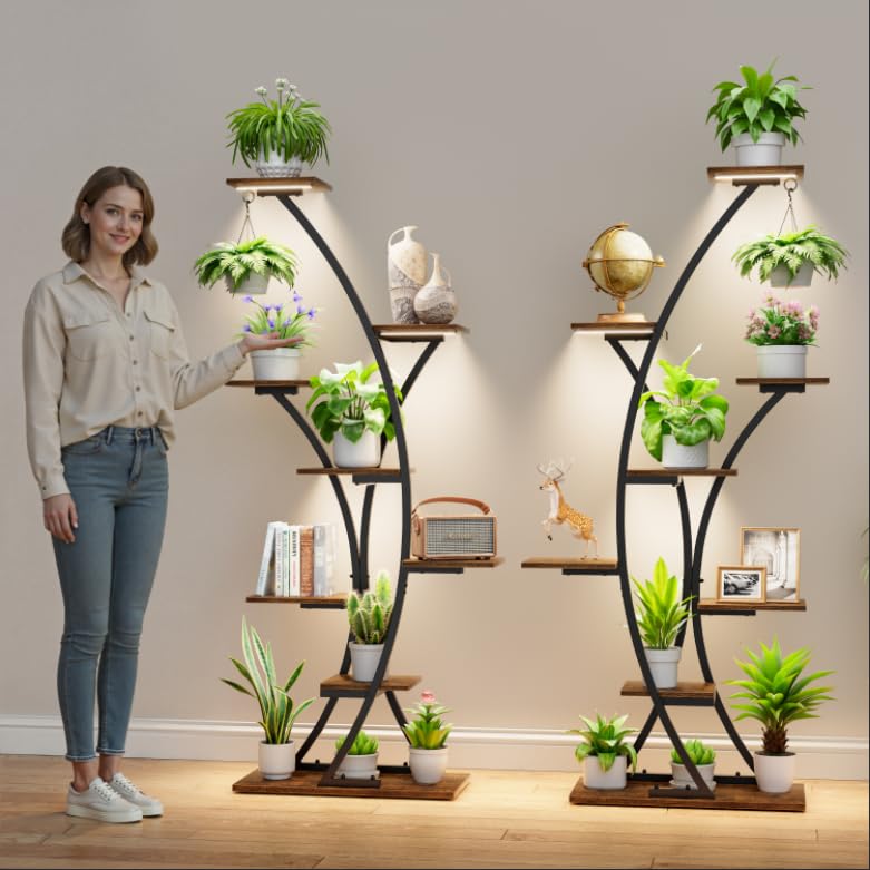 Image of Plant Stand Indoor with Grow Lights: 64 inch 2 Pack Large Plant Stands, 8 Tiered Curved Plant Shelf for Indoor Plants Multiple, Tall Lighted Corner Display Stands, Flower Holder for Living Room, Patio