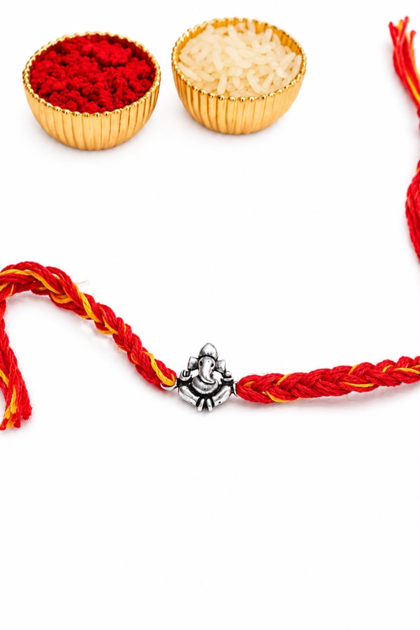 kaashi Sterling Silver 925 Aadhya Shubh Ganesha Rakhi for Brother | Premium 92.5 Silver Ganesh Raksha Bandhan Rakhee | Spiritual Om Rakhi with Red Yellow Thread | Unique Silver Rakhee Gift for Brother-picture-10
