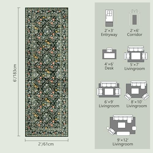 Image of Vintage Botanical Dark Green Washable Runners for Hallways, 2x6 Runner Rug Non Slip Ultra-Thin, Boho Soft Hallway Rug Forest Green Carpet for Kitchen Bedroom Bathroom Laundry Room