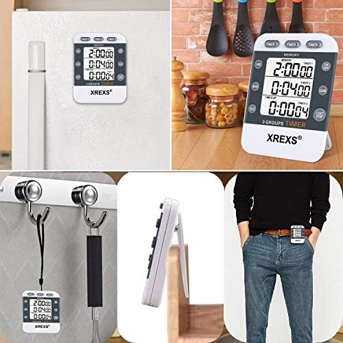 XREXS 3 Channels Count UP/Down Cooking Timer, Stopwatch, Large Display, Adjustable Volume Alarm Memory Timer with Magnetic Back, Stand, Lanyard (Battery Included)
