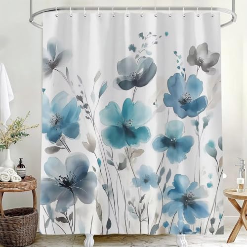 Rideau de douche floral bleu imperméable pour éviter les éclaboussures