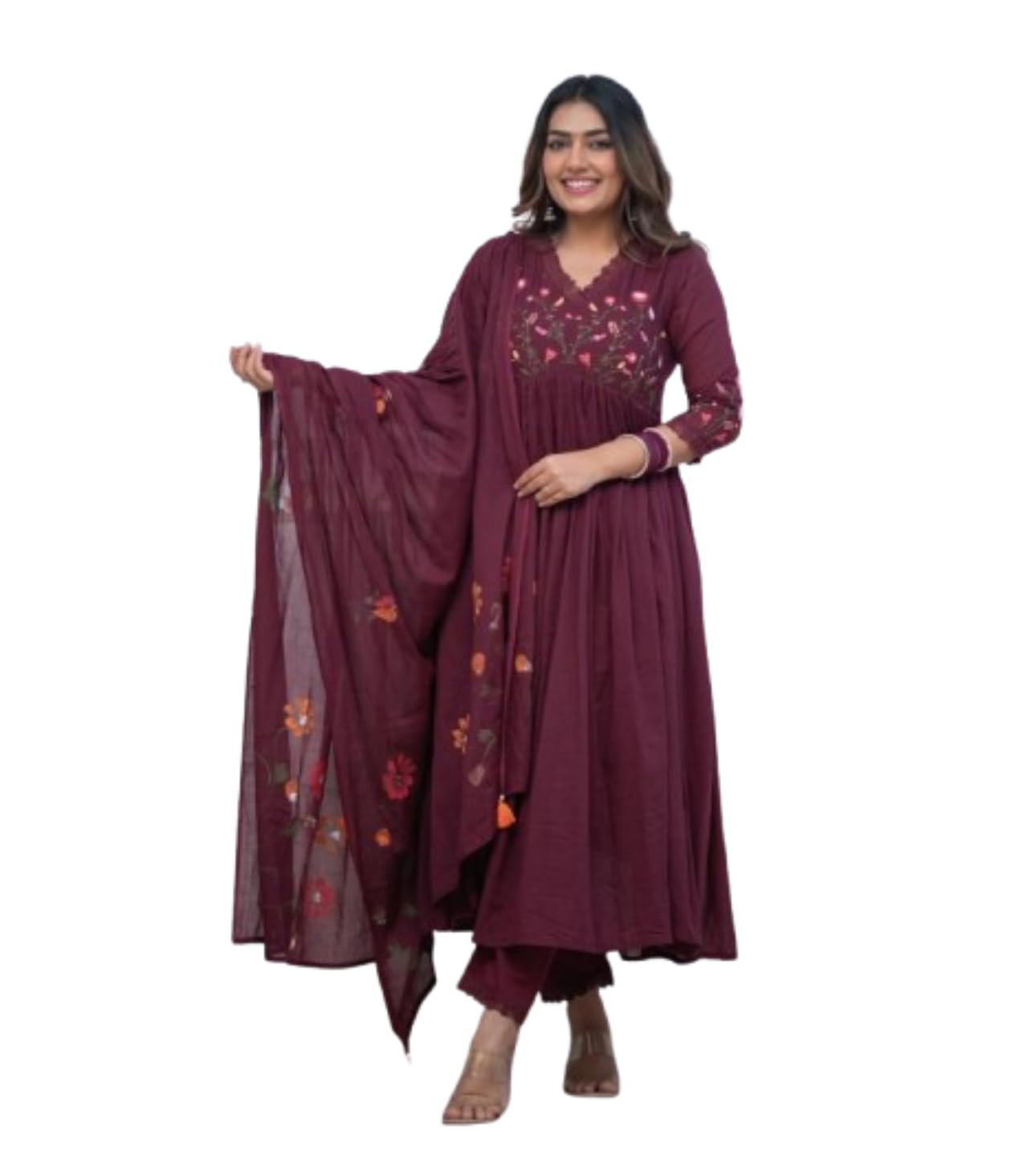 Clay Hand Women's Cotton Embroidered Long Anarkali Kurti with Pant and Dupatta Set-picture-14