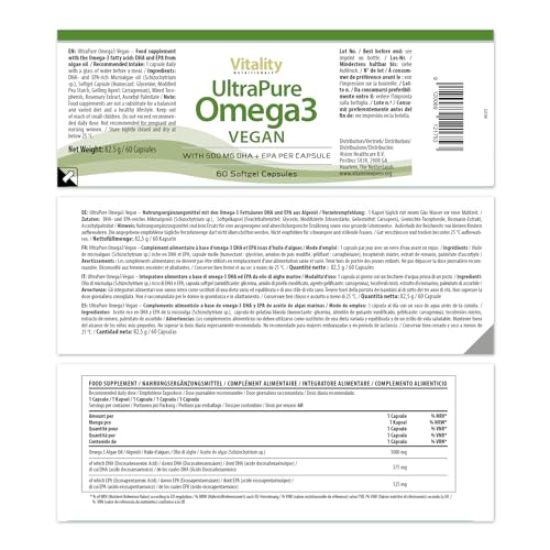 Veganes Omega 3 Hochdosiert aus Algenöl mit 375 mg DHA + 125 mg EPA Pro Kapsel (60 Stk) ohne Fischöl, ungesättigte Fettsäuren, Nahrungsergänzung ohne Zusätze Vitality Nutritionals by VitaminExpress