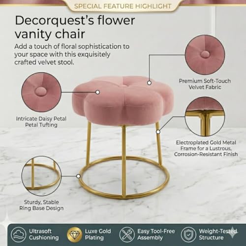 Image of Flower Ottoman Foot Stool for Bedroom and Living Room, Round Makeup Vanity Chair with Metal Legs and Soft Padded Seat-Pink