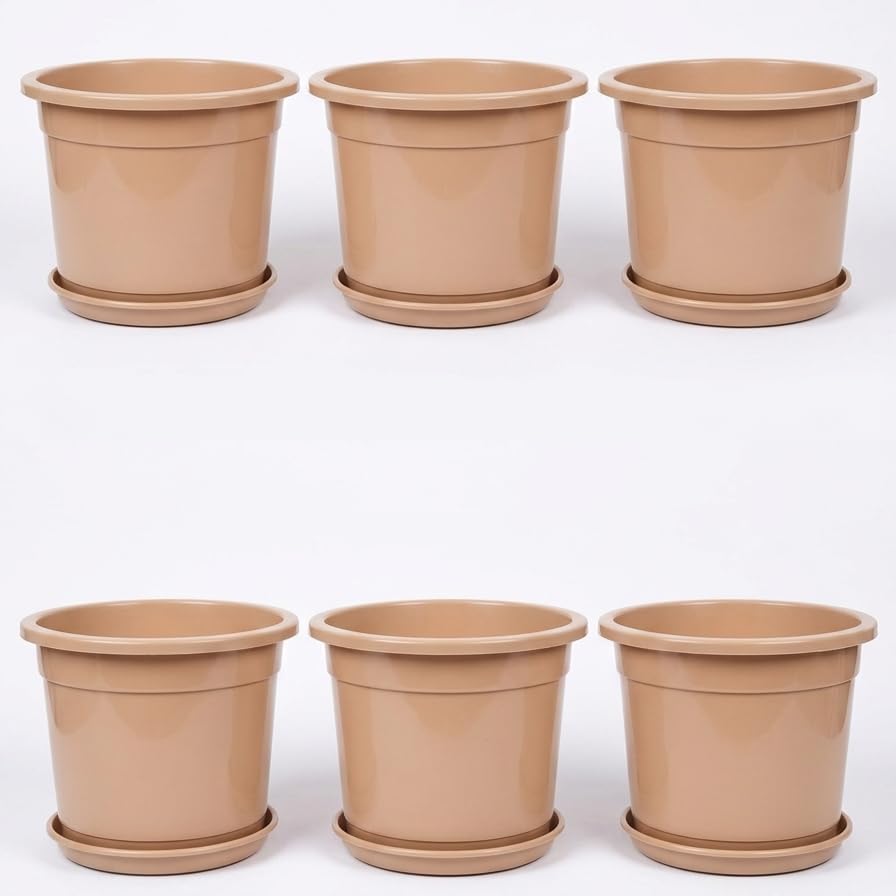 Image of 12 Inch Glossy Dune Beige Plastic Planter with Bottom Plate | Heavy Duty Flower Pot with Tray for Indoor Home Decor, Balcony, Living Room & Outdoor Garden (6 Pot, Dune Beige)