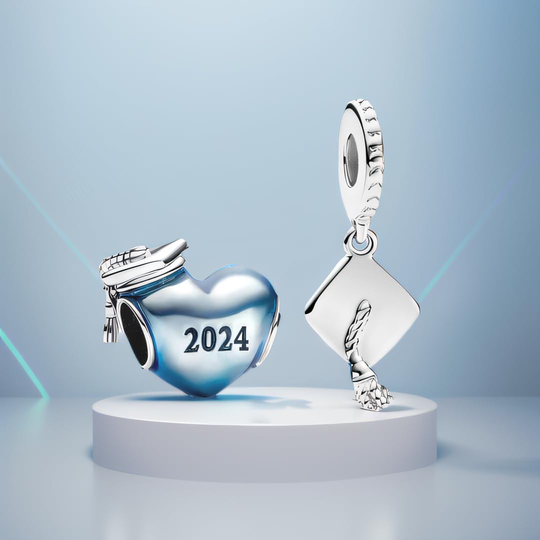 Blue 2024 Graduation&Cap Charms Bead for Bracelets and Necklaces 925 Sterling Silver Women's Graduation Jewelry 2 Piece/Package - Image 3