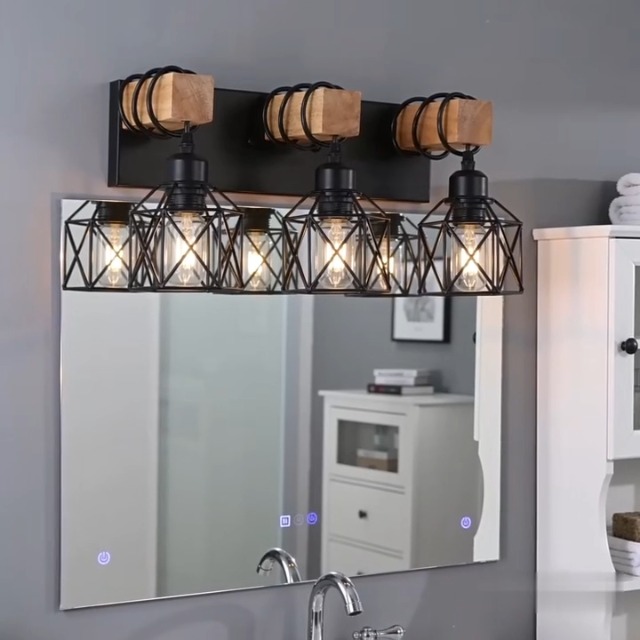 Image of Black Farmhouse Wall Sconce, Rustic Industrial Wood Wall Mount Lamp, Bathroom Vanity Light, Black Vanity Lights & Bathroom Wall Light for Mirror, Restroom Light Fixture Indoor