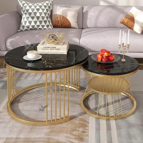 Image of MELVON Lightweight Nesting Coffee Table Set of 2, Golden Frame with Black Marble Look Engineered Wood Top, Round Center & Side Tables for Living Room