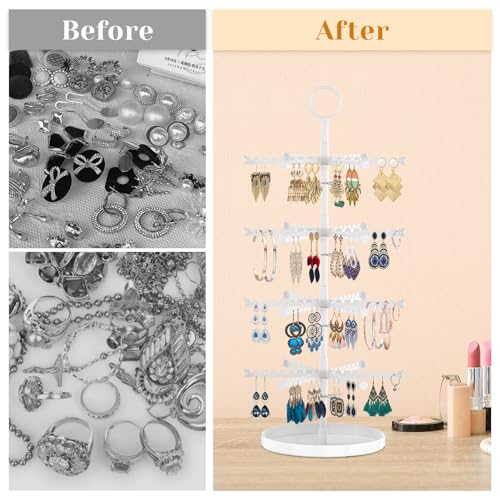 Image of MODOWEY 4 Tier Metal Rotating Earring Holder Organizer Stand Adjustable Display Tree for Women, 384 Holes and Grooves Rack Tower for Pierced Dangle, Large Capacity Space-Saving Jewelry Hanger, White