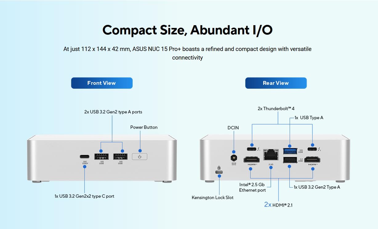 NUC 15 Pro+ NUC15CRSU9 - Elegante mini PC con processore Intel Core Ultra 9, grafica ad arco, Dual HDMI, Thunderbolt 4, ideale per lavoro, giochi e creatività (Barebone NO RAM, SSD, OS)