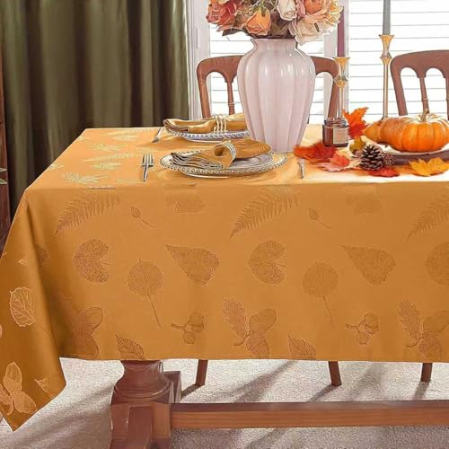 SESTYBALE Thanksgiving Tablecloth Rectangle, Jacquard Heavy Duty & Spill Proof Table Cloth with Leaves, Apricot Leaf Design, Suitable for Fall and Harvest Season(Rectangle,52" x 52", Ambert)