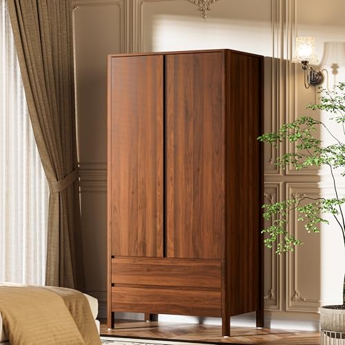 Image of Furniway Armoire Wardrobe Closet, 70.9 inch Tall Wardrobe Cabinet with 2 Doors, 2 Large Drawers and Hanging Rod, Wooden Clothing Storage Cabinet for Bedroom, Cloak Room, Walnut