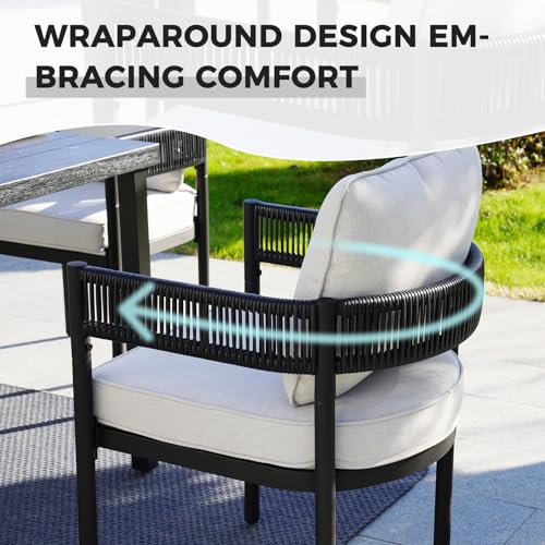 Image of Grand patio 5-Piece Outdoor Dining Set for 4, Metal Woven Wicker Fixed Patio Chairs with Thickened Cushions & 1 Square Woodgrain Dining Table with Umbrella Hole for Backyard Deck (Black)