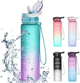 FIIO Sports Water Bottle 1L Water Bottle with Straw & Time Markings, Leakproof BPA Free Tritan Drinking Bottle for Men, Women, Cycling, Running, Yoga, Gym, Outdoor, Cyan Gradual Light Purple
