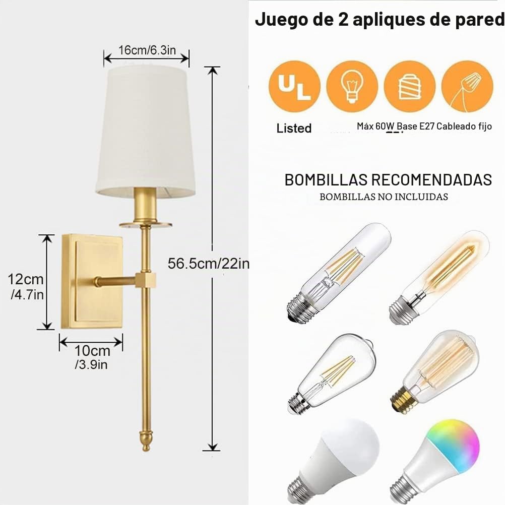 Apliques de Pared Moderna para Salón Dorado, Lámparas de Pared Interior en Metal y Textil Lámpara de Cabecera de Pared Lámpara de Espejo Baño Aplique Luz Baño E27 Aplique Pared con Pantalla de Tela