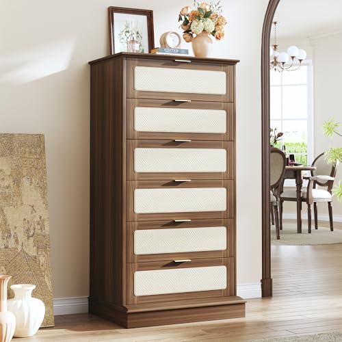 Image of HUAHUU 6 Drawer Dresser for Bedroom, 50 Inch Tall Dressers & Rattan Chest of Drawers, Mid Century Style, Wood Modern Dressers Organizer for Bedroom, Living Room, Hallway, Entryway, Walnut