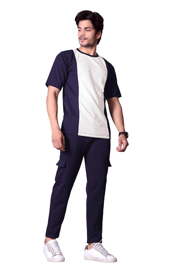 Men's Nightsuit, Black and White Color Block Design, Short Sleeve Top with Trackpant Set-image-41