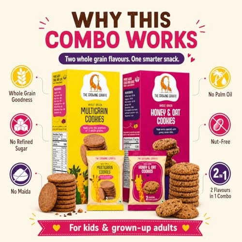 Image of The Growing Giraffe Honey & Oat and Multigrain Cookie Combo- Whole Grain, No Refined Sugar, No Maida, No palm oil, Nut-Free, Healthy Biscuits with jaggery and butter for Kids & Grown-Up Adults - Pack of 2