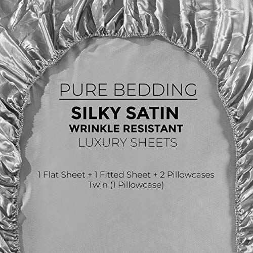 image for Pure Bedding Satin Sheets Queen [4-Piece, Grey] Hotel Luxury Silky Bed
