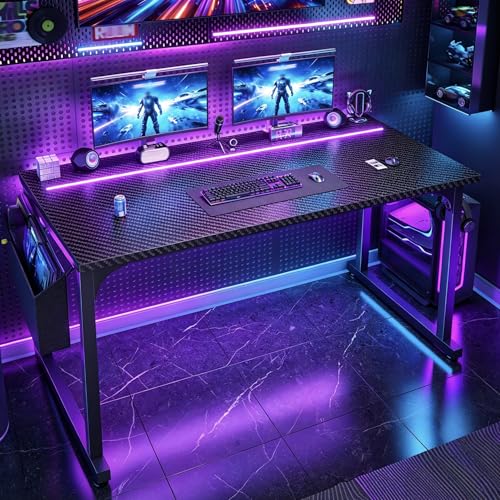 Image of DurayLoly 40 inch Gaming Desk with Waterproof LED Lights, Carbon Fiber Desktop for Small Spaces | Home Office Study Computer Desk with Storage Bag & Headphone Hook, Black