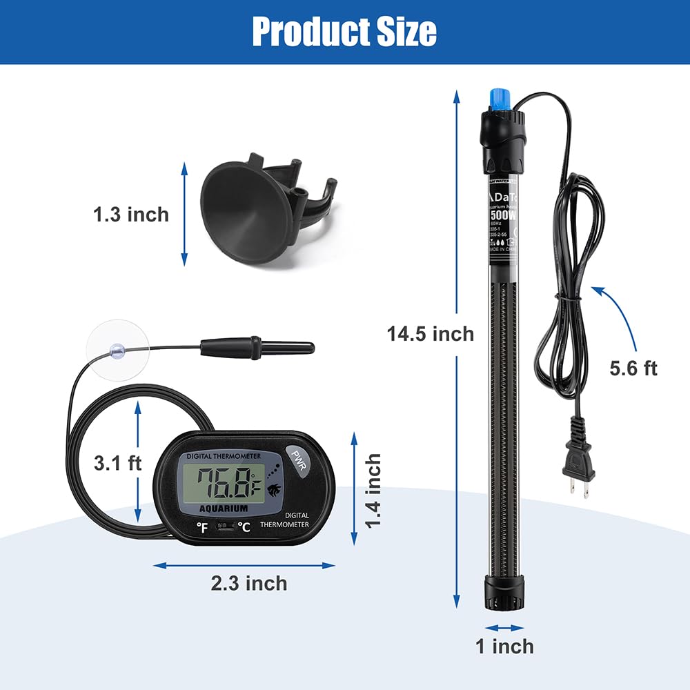DaToo Chauffage d'aquarium submersible 500 W 500 W Thermostat réglable avec 2 ventouses et un thermomètre numérique gratuit pour eau salée et eau douce