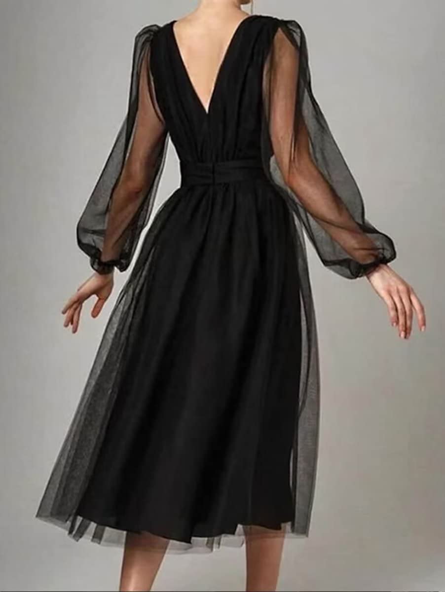 Plus Satin A-line Evening Gown with V-Neck, Tulle Puff Sleeves and High Slit