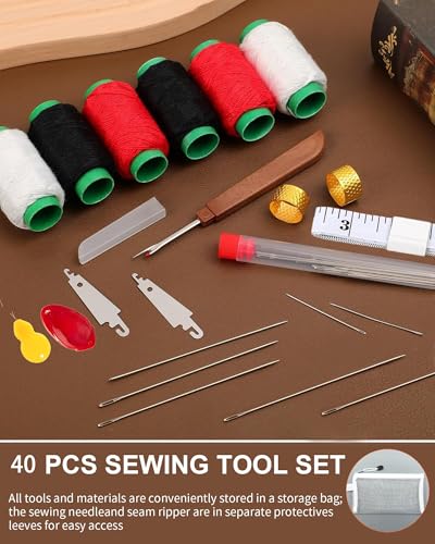 40Pcs Big Eye Steel Sewing Needles Kit, Stainless Steel Needles for Hand Sewing with Needle Threaders, Seam Ripper, Threads, Thimbles and DIY Crafting Tools