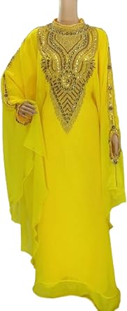 Moroccan Yellow Dubai Kaftans Abaya Dress Very Fancy Long Modern Gown Farasha Dress