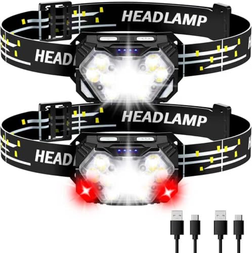 2 Pack Rechargeable Head Torch with 9 LED 3500L Super Bright Headlamp, 7 Light Modes, Sensor Control, Waterproof & Long Battery Life, Ideal for Hiking, Cycling, Camping, Gift for Kids & Adults