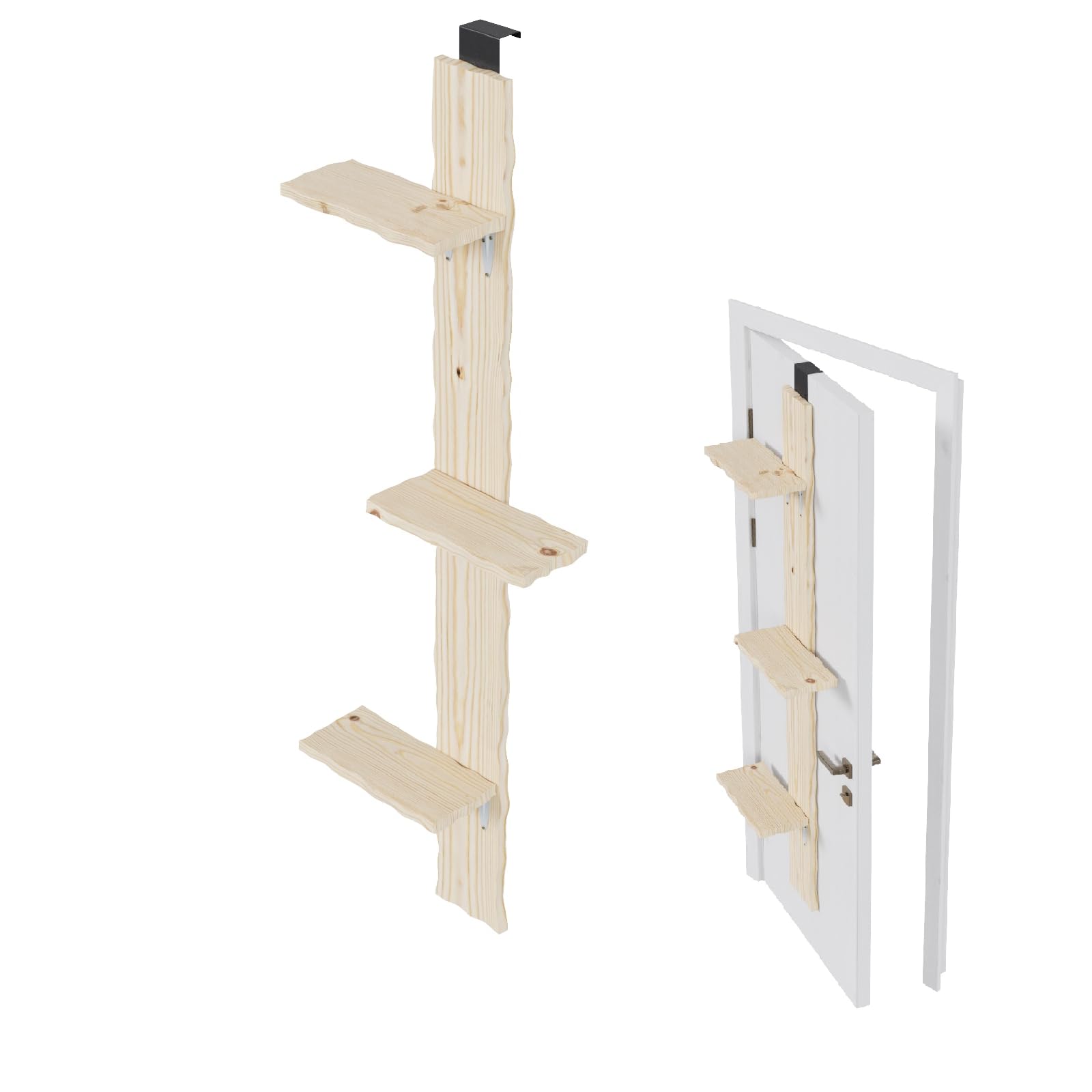 QLS Escalera para Gatos 180 cm, 3 peldaños, Pino sin Tratar | Estructura de 2 piezas con kit completo y 2 soportes para montar dentro o fuera de la puerta