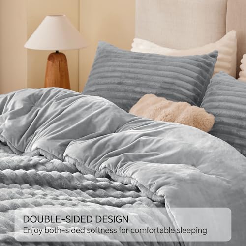 BEDELITE Fleece Queen Comforter Set -Super Soft & Warm Fluffy Light Grey Bedding, Luxury Fuzzy Heavy Bed Set for Winter with 2 Pillow Cases