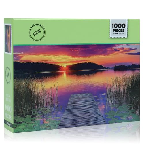 Rompecabezas para adultos de 1000 piezas: Lago al atardecer, paisaje natural con muelle de madera y nenúfares — Moruska miniatura 7