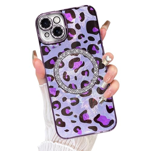 Coque iPhone 14 violette paillettes léopard compatible MagSafe antichoc